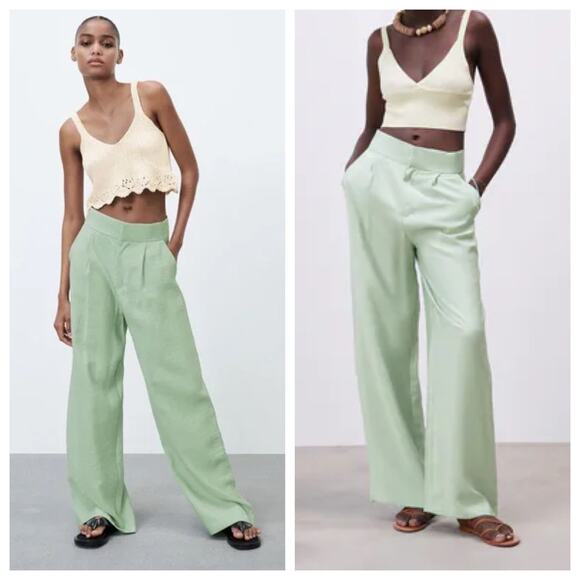 Zara Pants - Zara High Waist Wide Leg Trousers Pants in Sea Green Size L